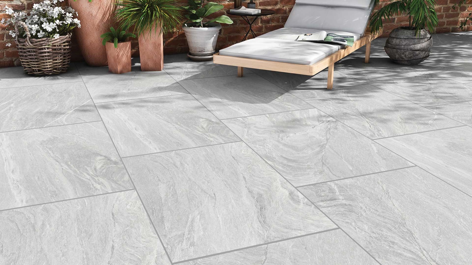 Outdoor porcelain pavers installed on a patio