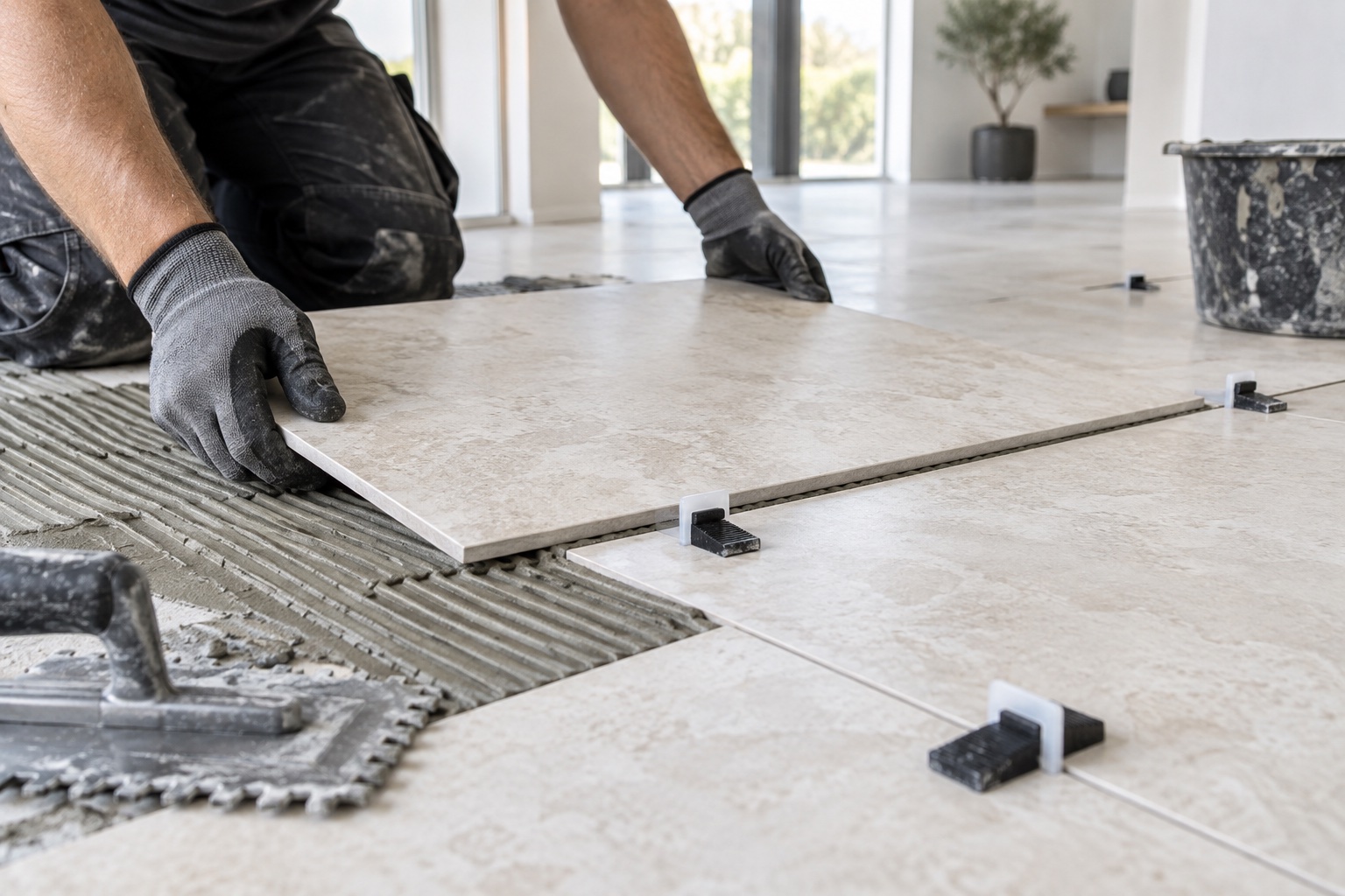 Illustrative tile installer positioning porcelain floor tile