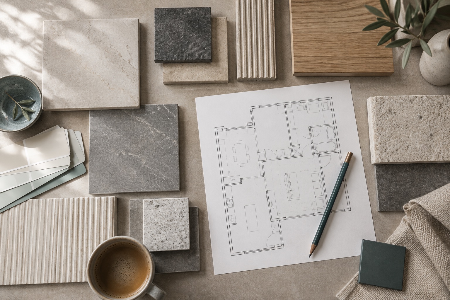 Illustrative material samples and architectural plan