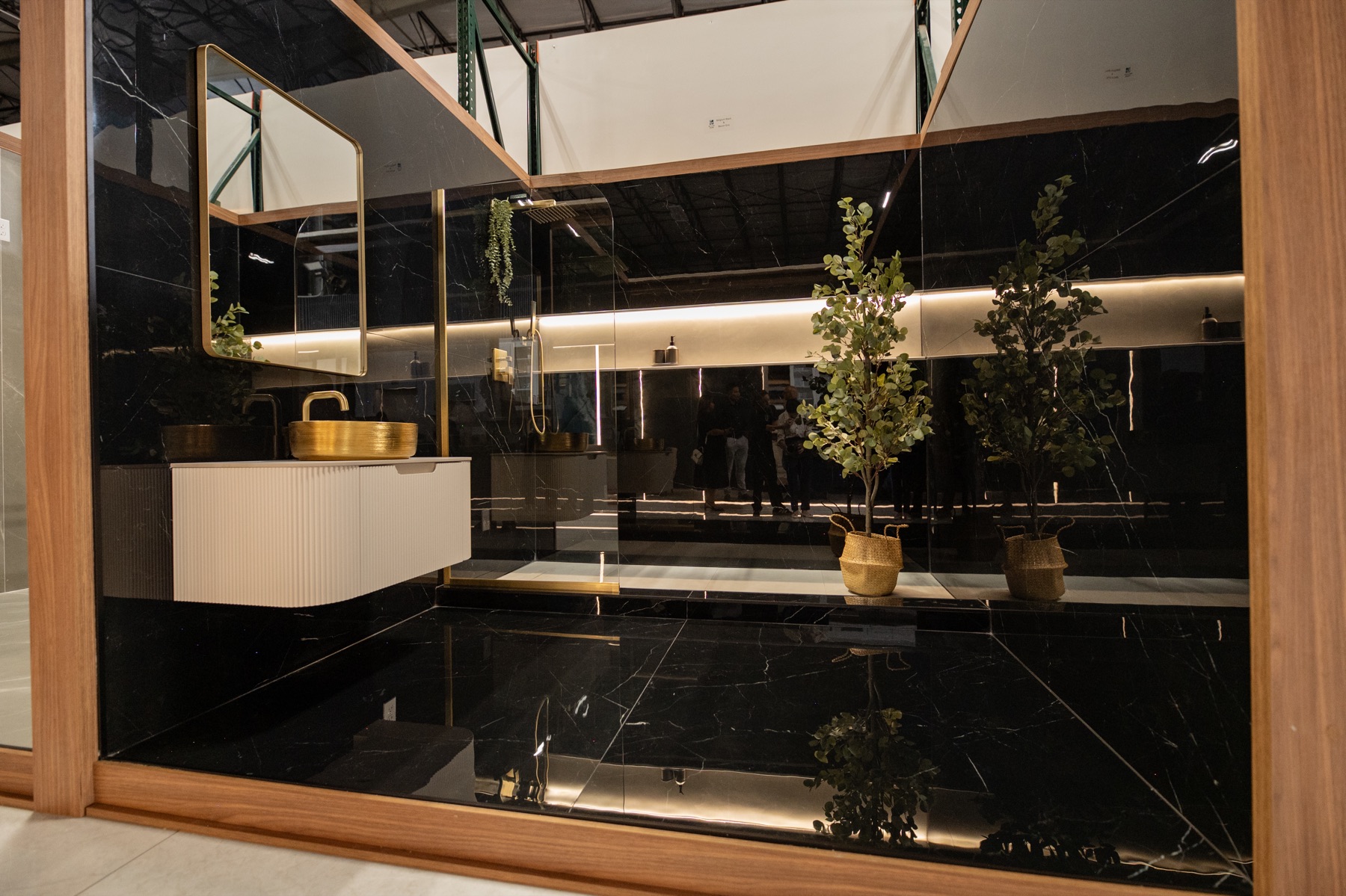 Black marble-look bathroom showroom display